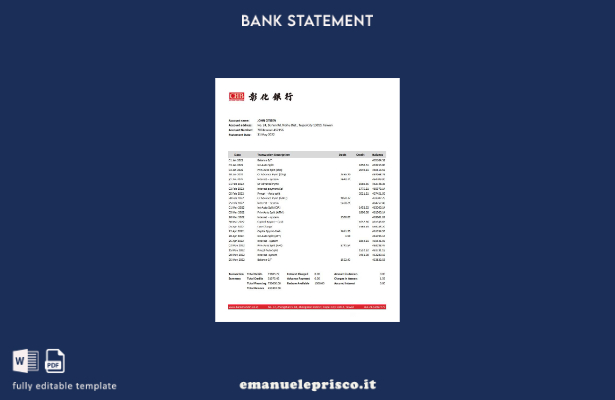 Modello Excel di estratto conto bancario Taiwan Chang Hwa in stile verificato